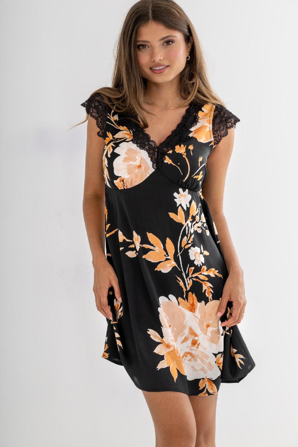 Pour Moi Dusk Printed Satin Lace Capped Sleeve Chemise - Black/Gold