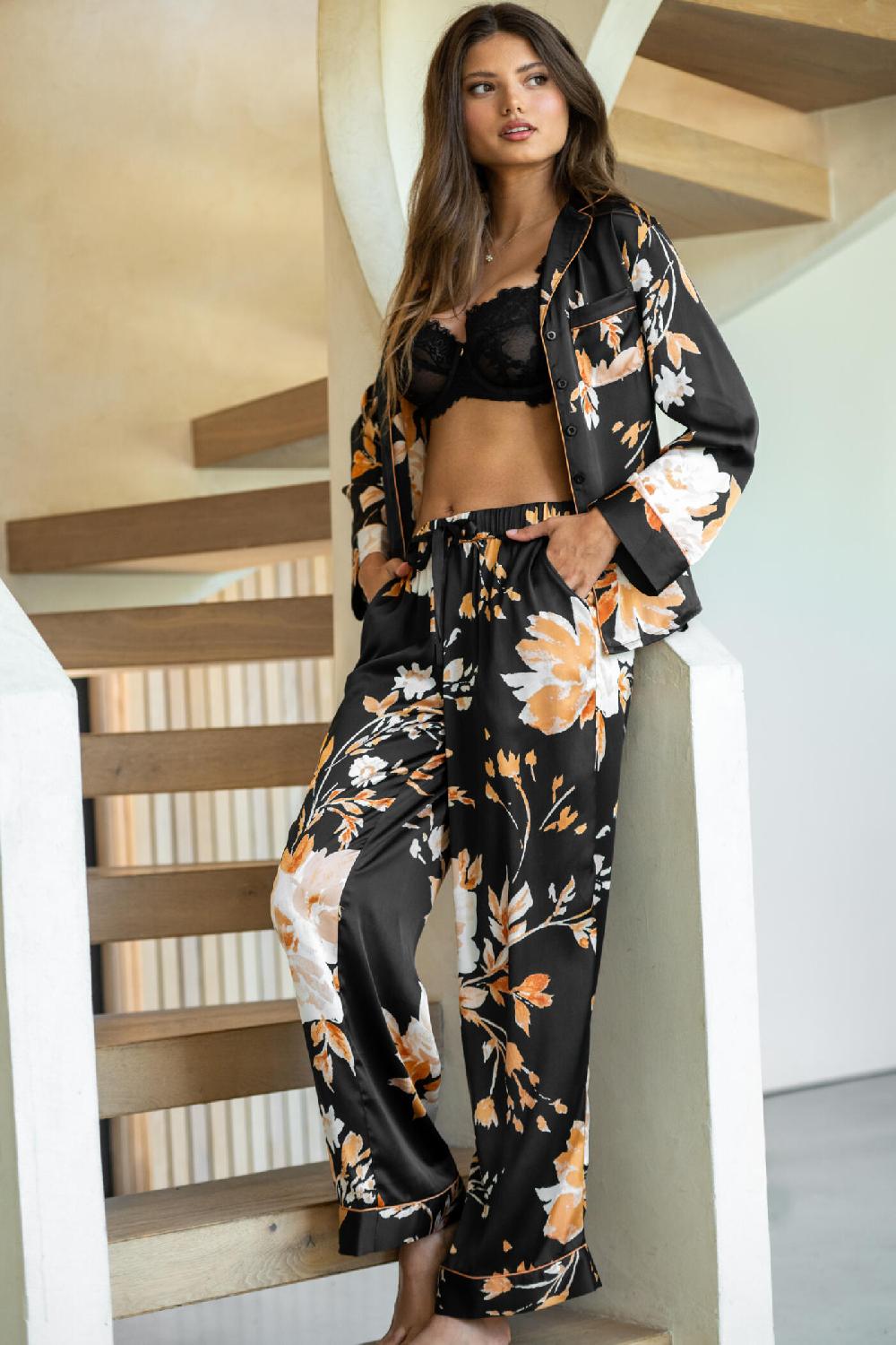 Pour Moi Dusk Printed Satin Revere Collar Pyjama Set - Black/Gold