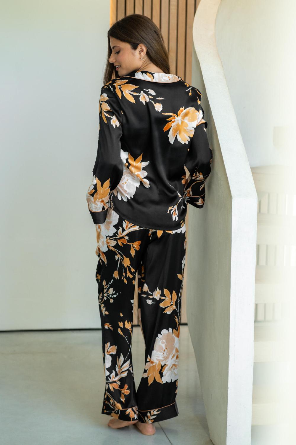 Pour Moi Dusk Printed Satin Revere Collar Pyjama Set - Black/Gold