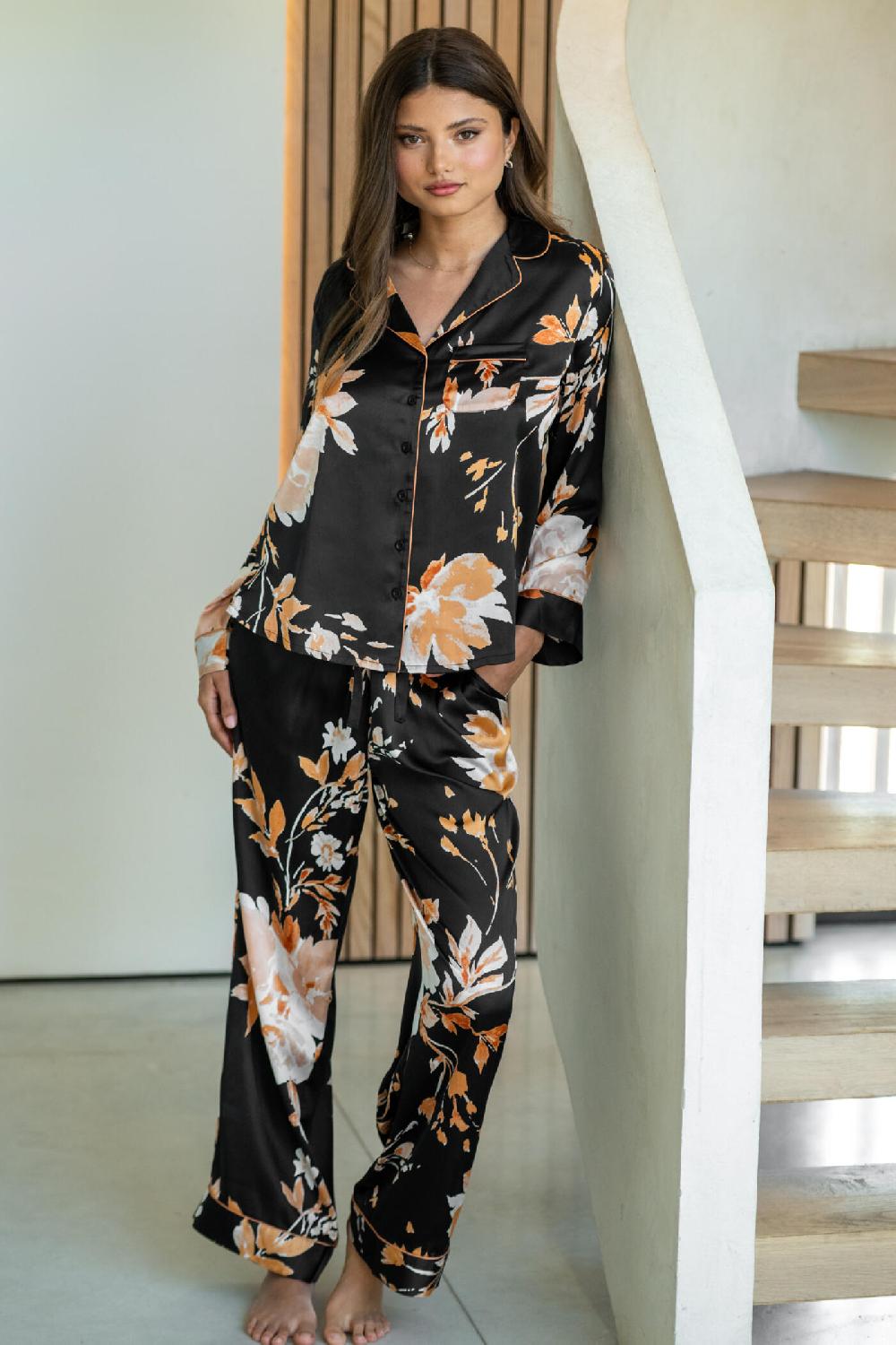 pour moi Dusk Printed Satin Revere Collar Pyjama Set - Black/Gold