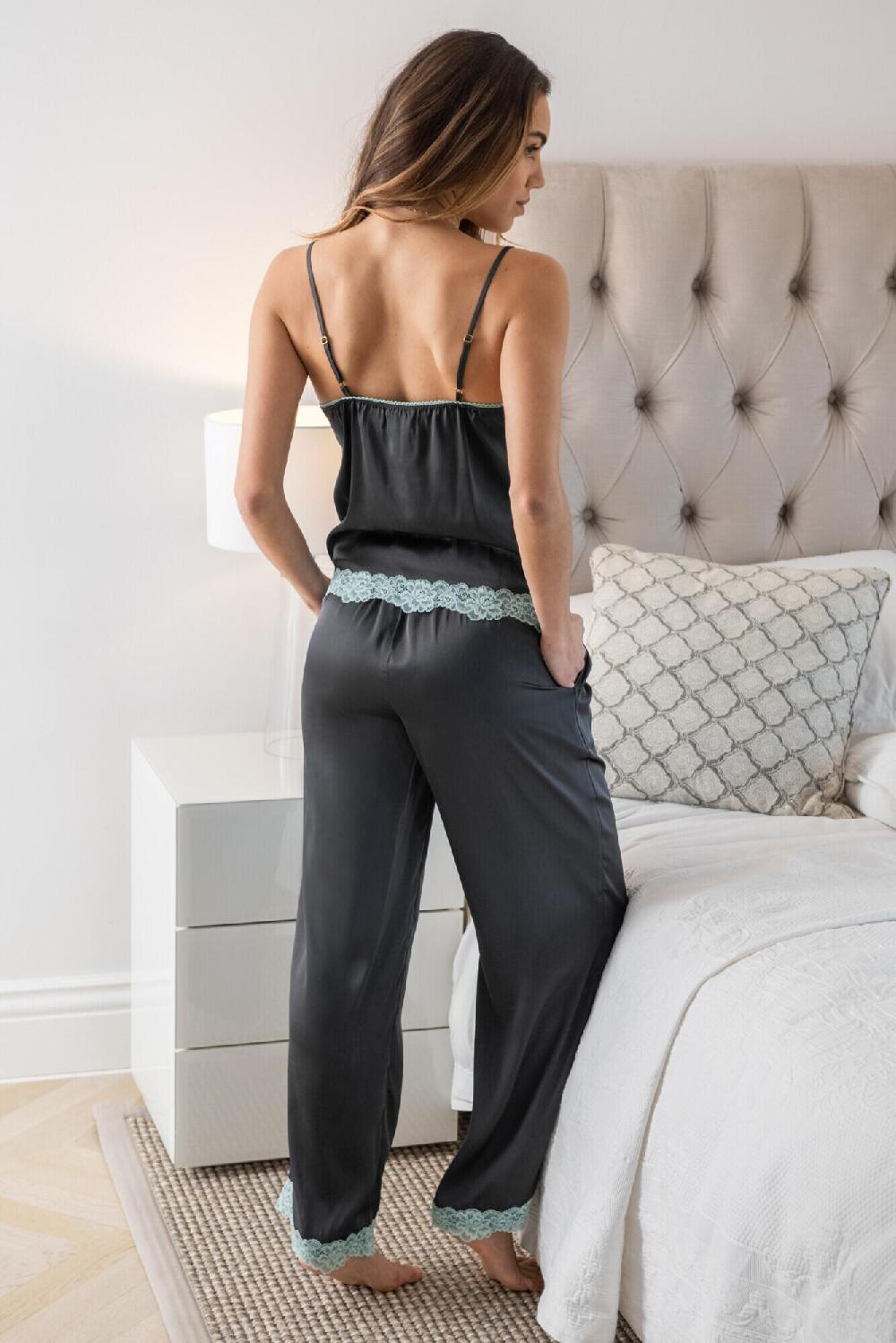 Pour Moi Dusk Satin And Lace Cami And Trouser Pyjama Set - Slate/Mint