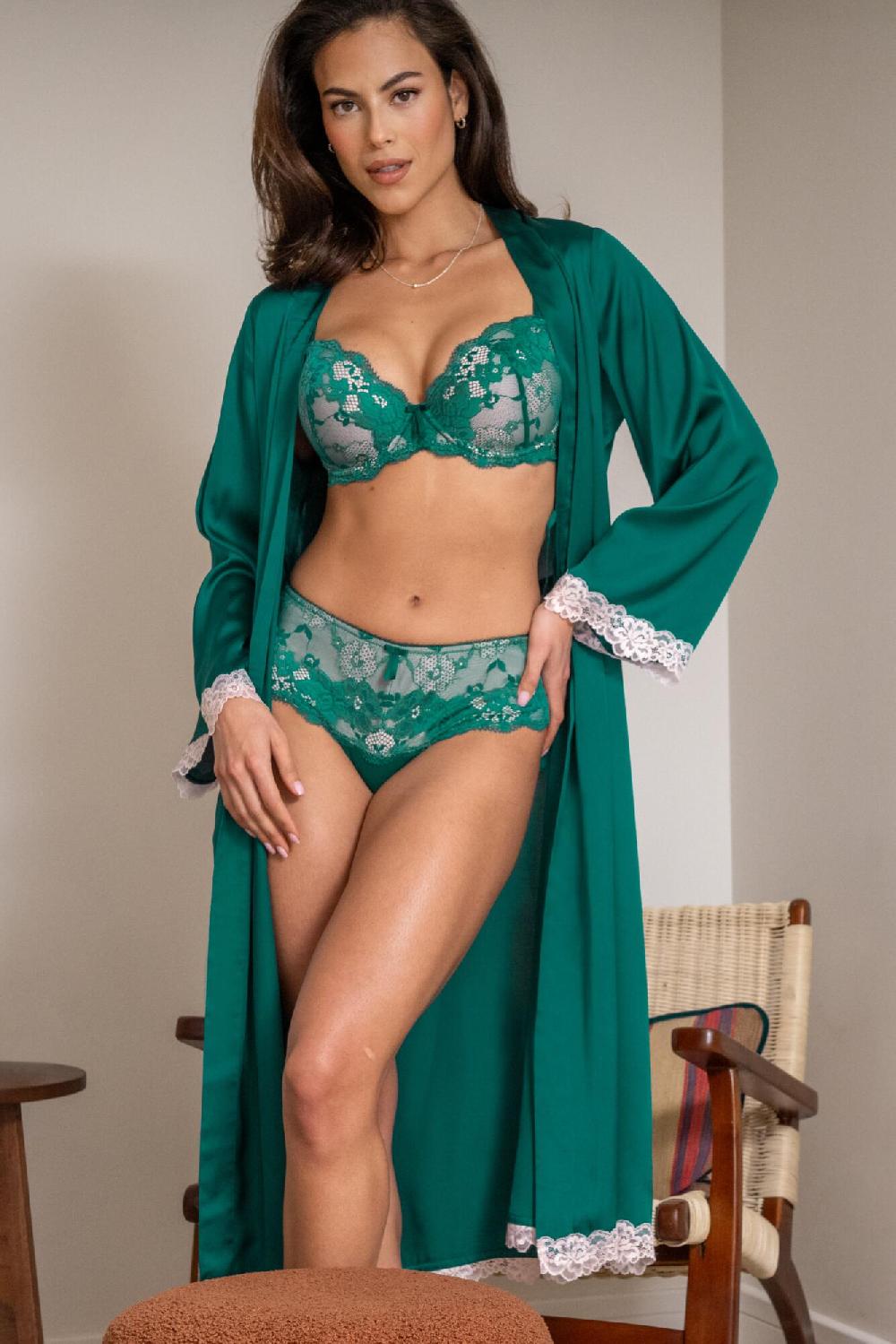Pour Moi Dusk Satin And Lace Kimono Sleeve Dressing Gown - Green/Pink