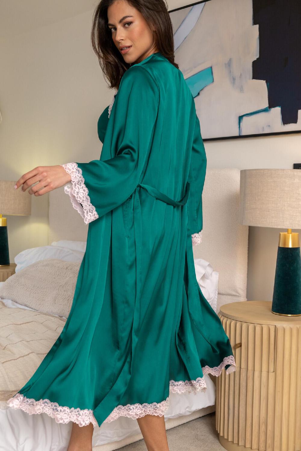 Pour Moi Dusk Satin And Lace Kimono Sleeve Dressing Gown - Green/Pink