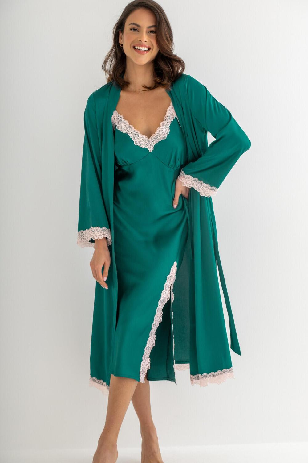 Pour Moi Dusk Satin And Lace Kimono Sleeve Dressing Gown - Green/Pink