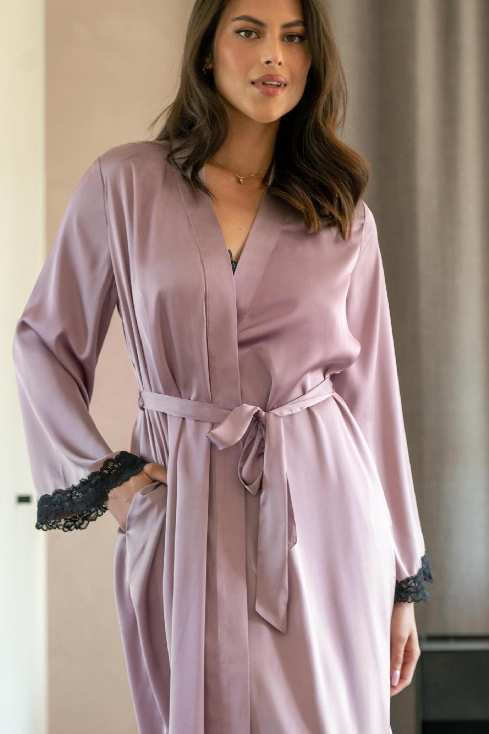 Pour Moi Dusk Satin And Lace Kimono Sleeve Dressing Gown - Mauve/Black
