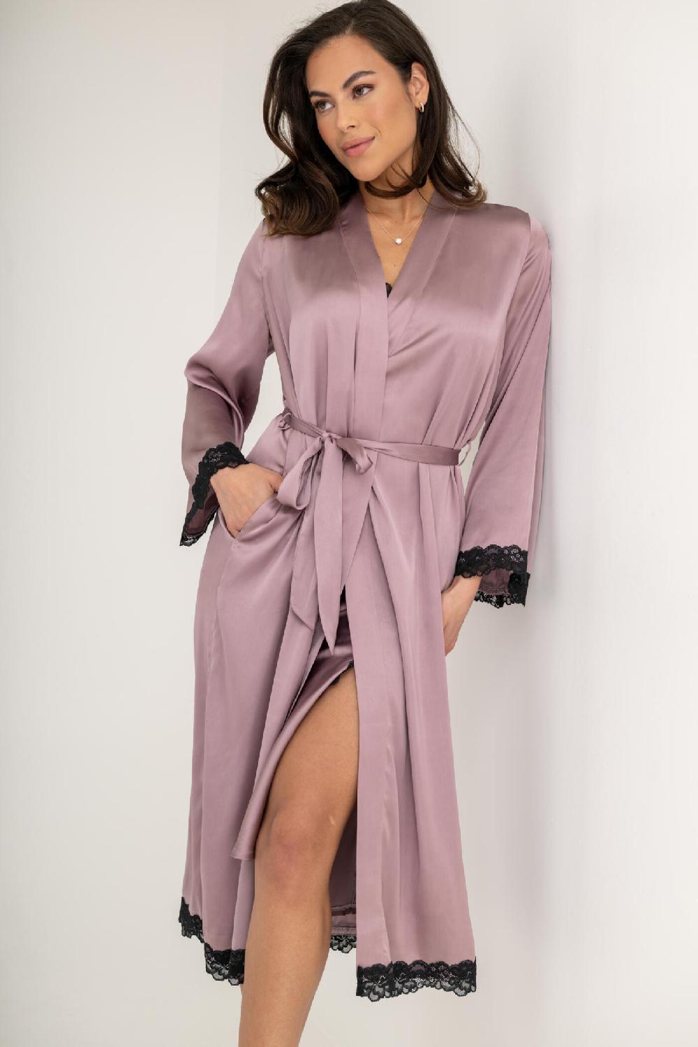 Pour Moi Dusk Satin And Lace Kimono Sleeve Dressing Gown - Mauve/Black