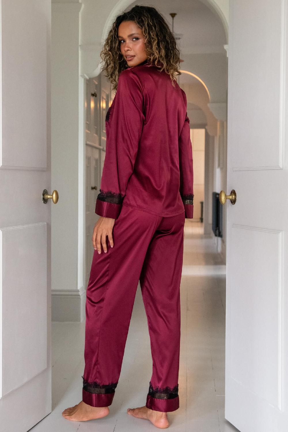 Pour Moi Dusk Satin And Lace Revere Collar Pyjama Set - Berry