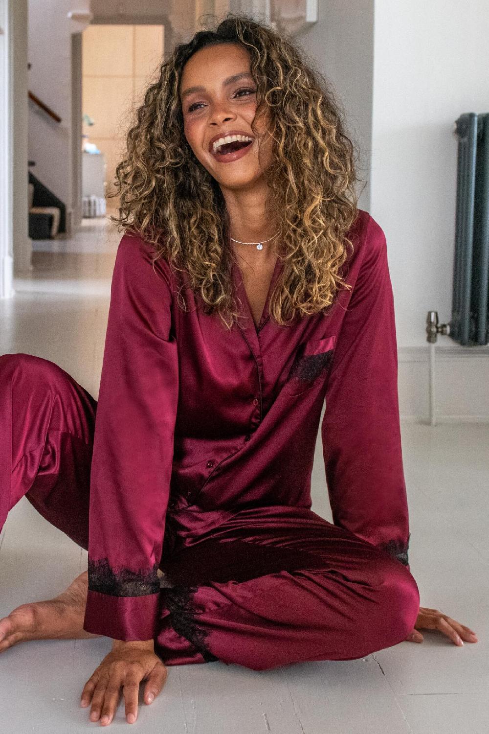 Pour Moi Dusk Satin And Lace Revere Collar Pyjama Set - Berry