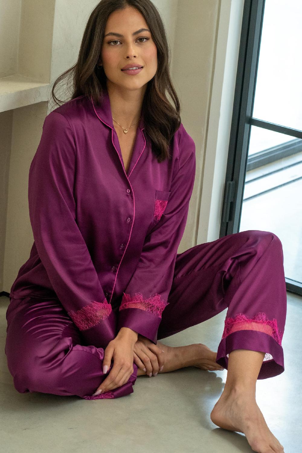 pour moi Dusk Satin and Lace Revere Collar Pyjama Set - Berry/Pink