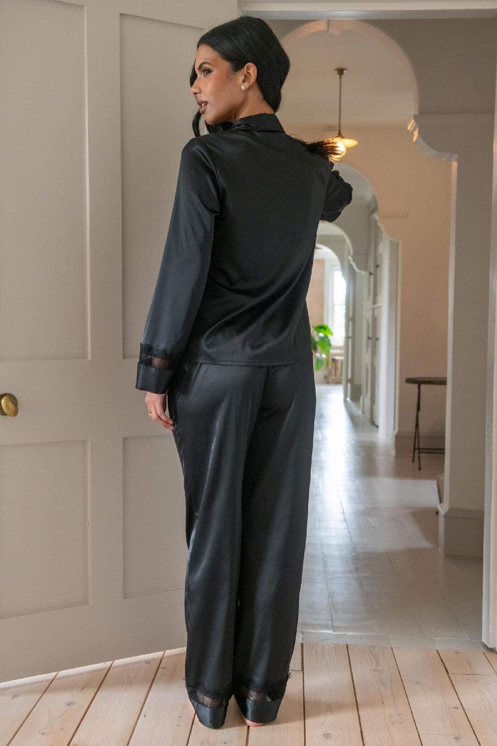 Pour Moi Dusk Satin And Lace Revere Collar Pyjama Set - Black