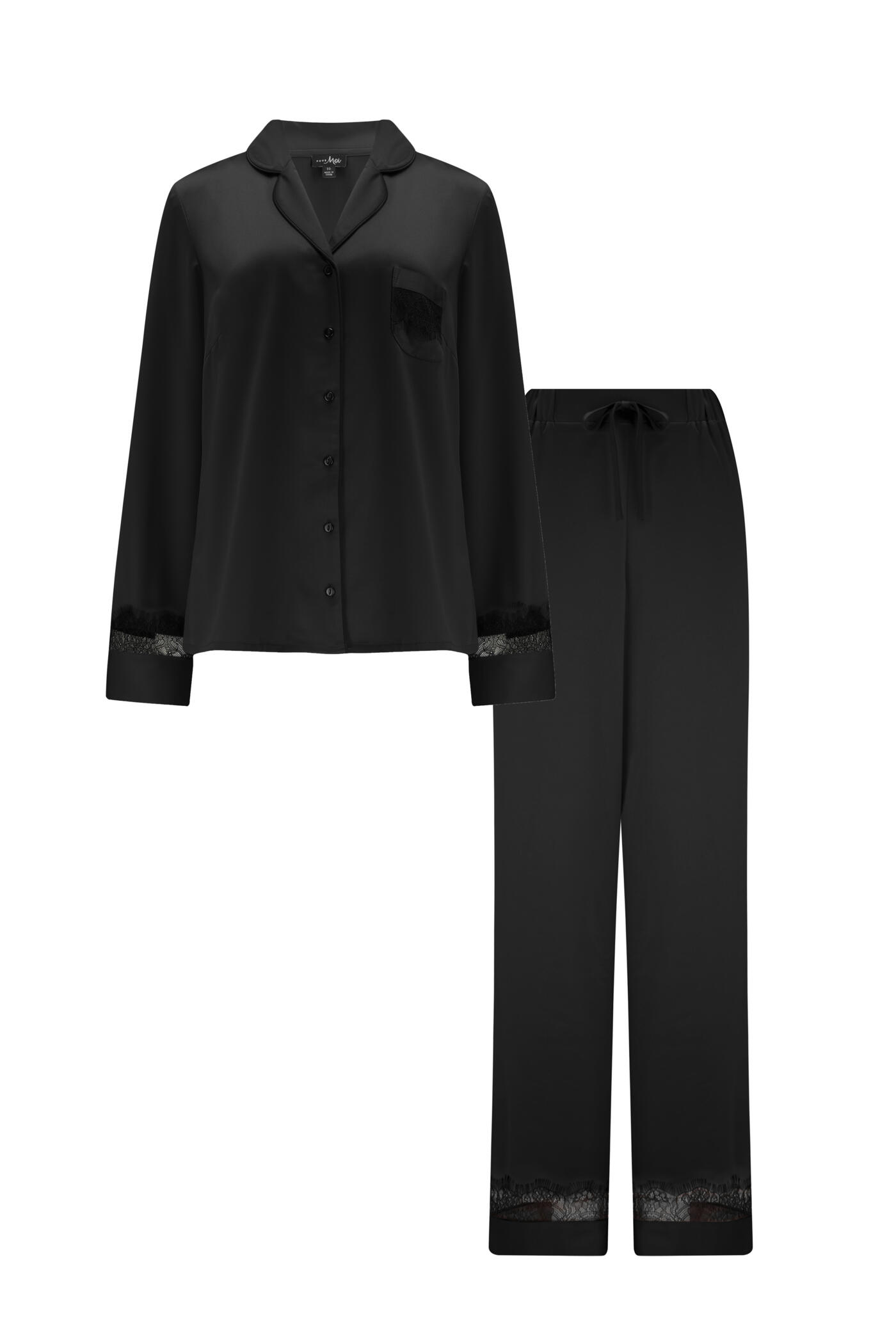 Pour Moi Dusk Satin And Lace Revere Collar Pyjama Set - Black