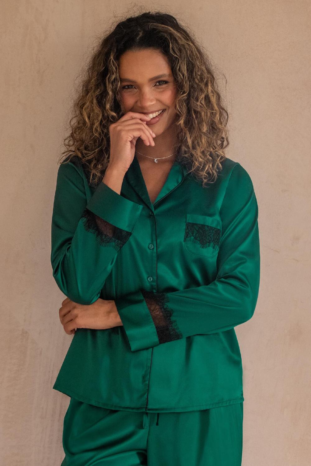 Pour Moi Dusk Satin And Lace Revere Collar Pyjama Set - Forest