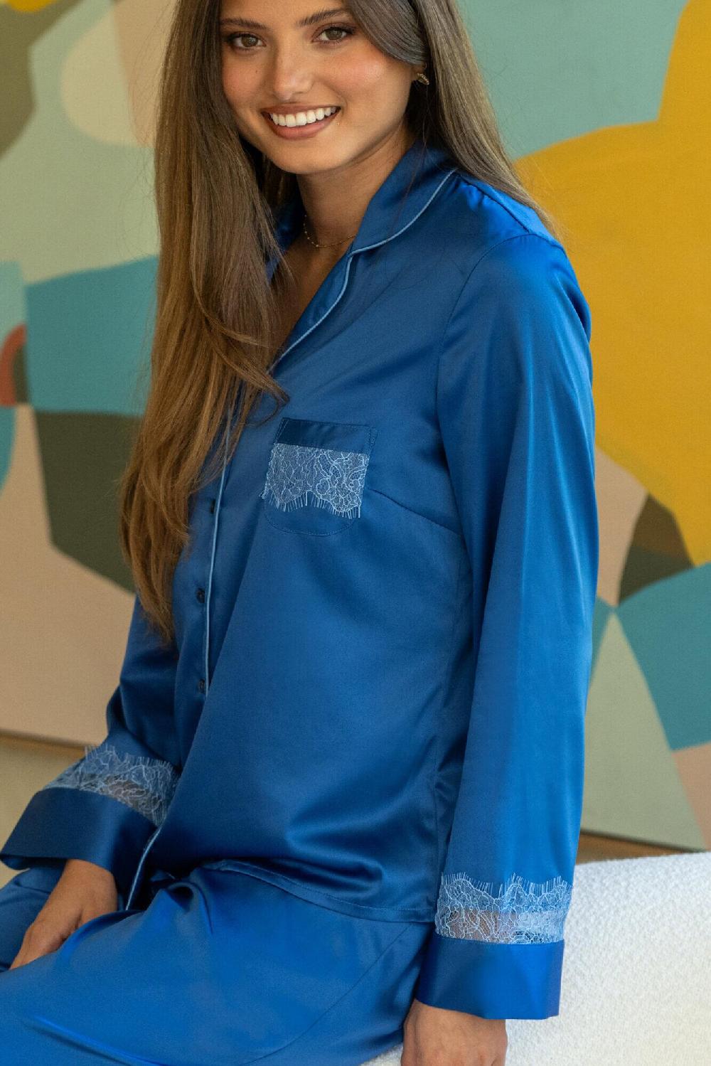 Pour Moi Dusk Satin And Lace Revere Collar Pyjama Set - True Blue/Mist