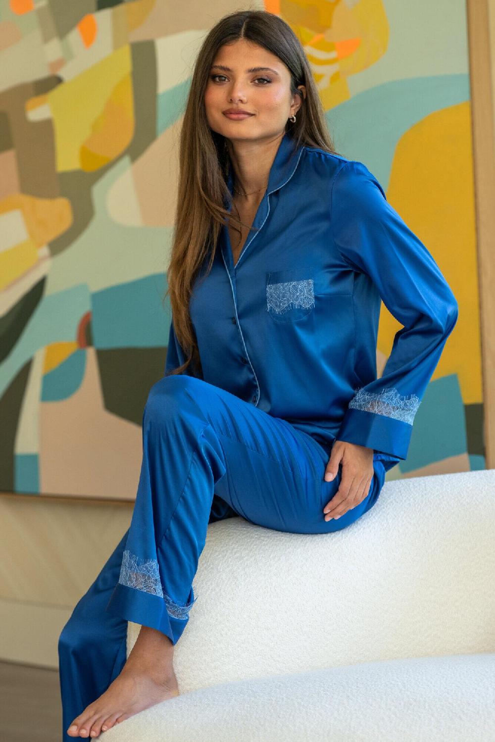 pour moi Dusk Satin and Lace Revere Collar Pyjama Set - True Blue/Mist