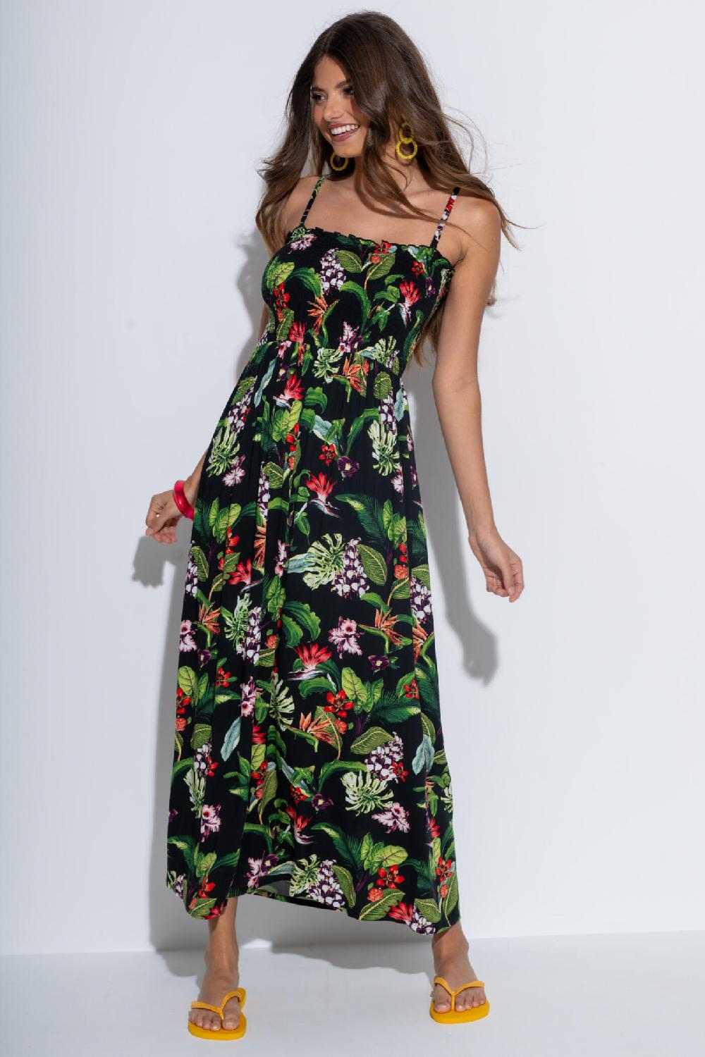 Pour Moi Emma Strapless Shirred Bodice Maxi Beach Dress - Black Tropical