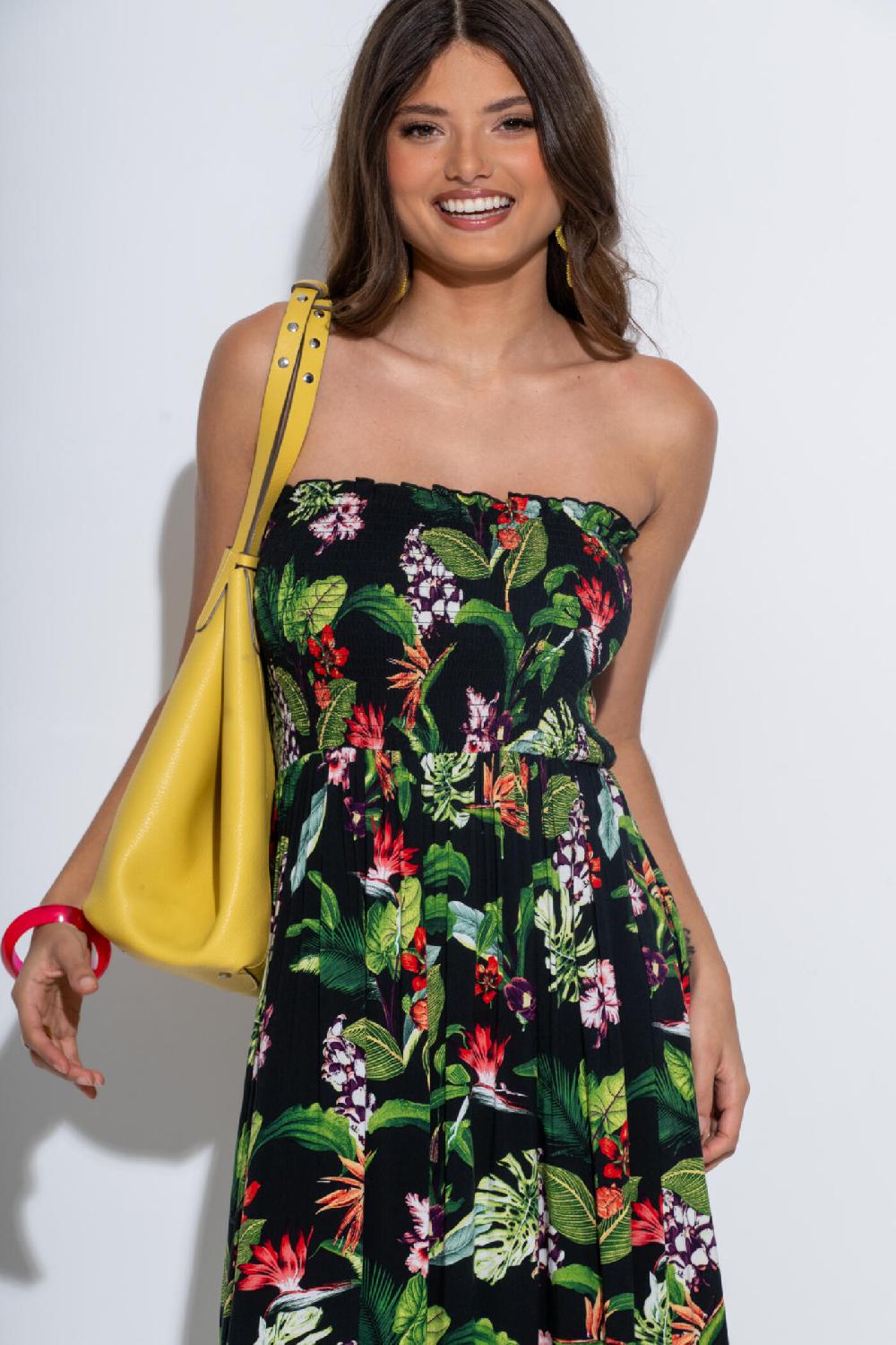 Pour Moi Emma Strapless Shirred Bodice Maxi Beach Dress - Black Tropical