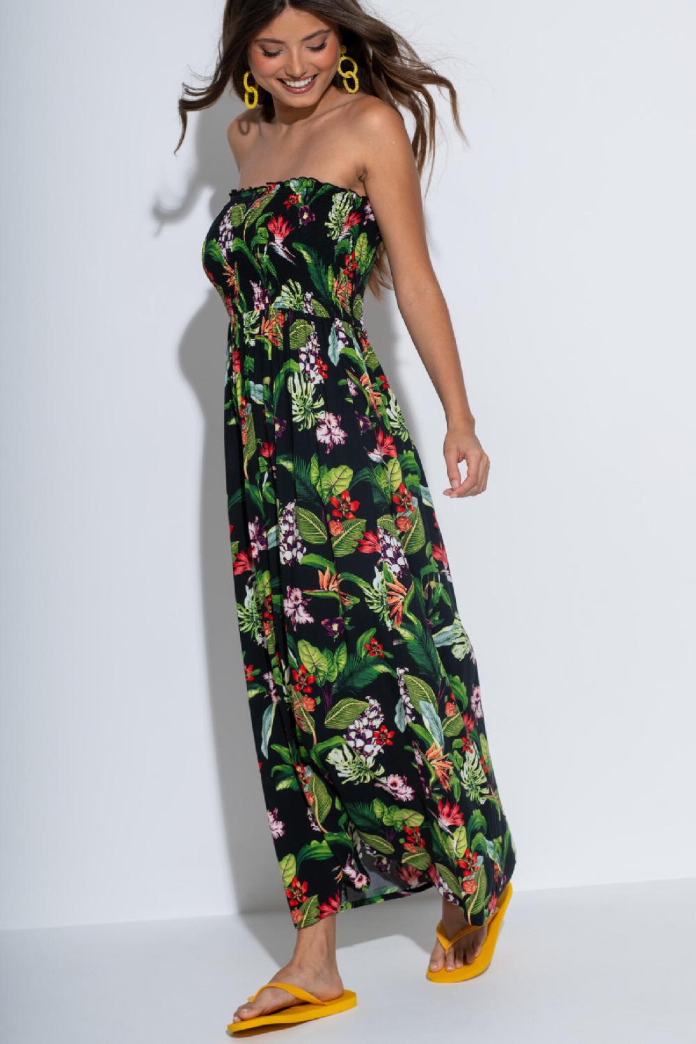 Pour Moi Emma Strapless Shirred Bodice Maxi Beach Dress - Black Tropical