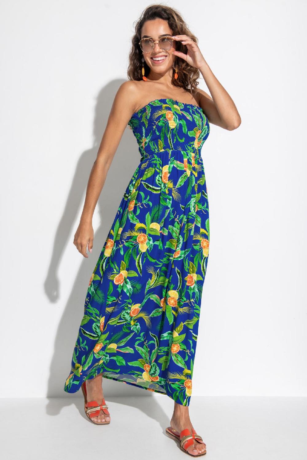 Pour Moi Emma Strapless Shirred Bodice Maxi Beach Dress - Blue Tropical