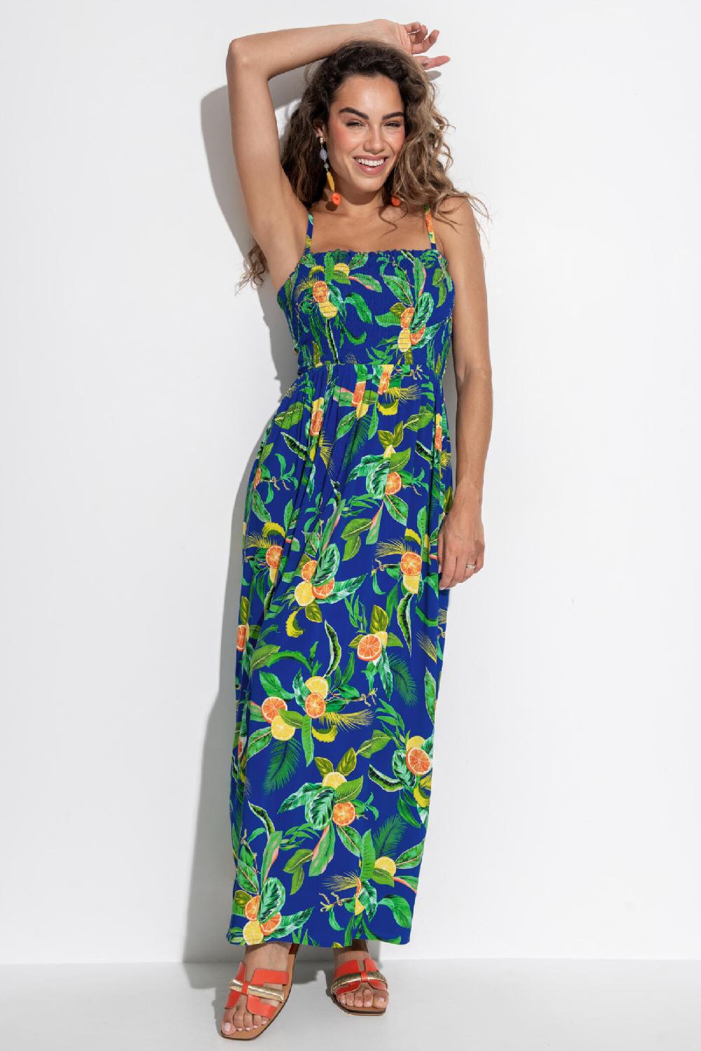 Pour Moi Emma Strapless Shirred Bodice Maxi Beach Dress - Blue Tropical