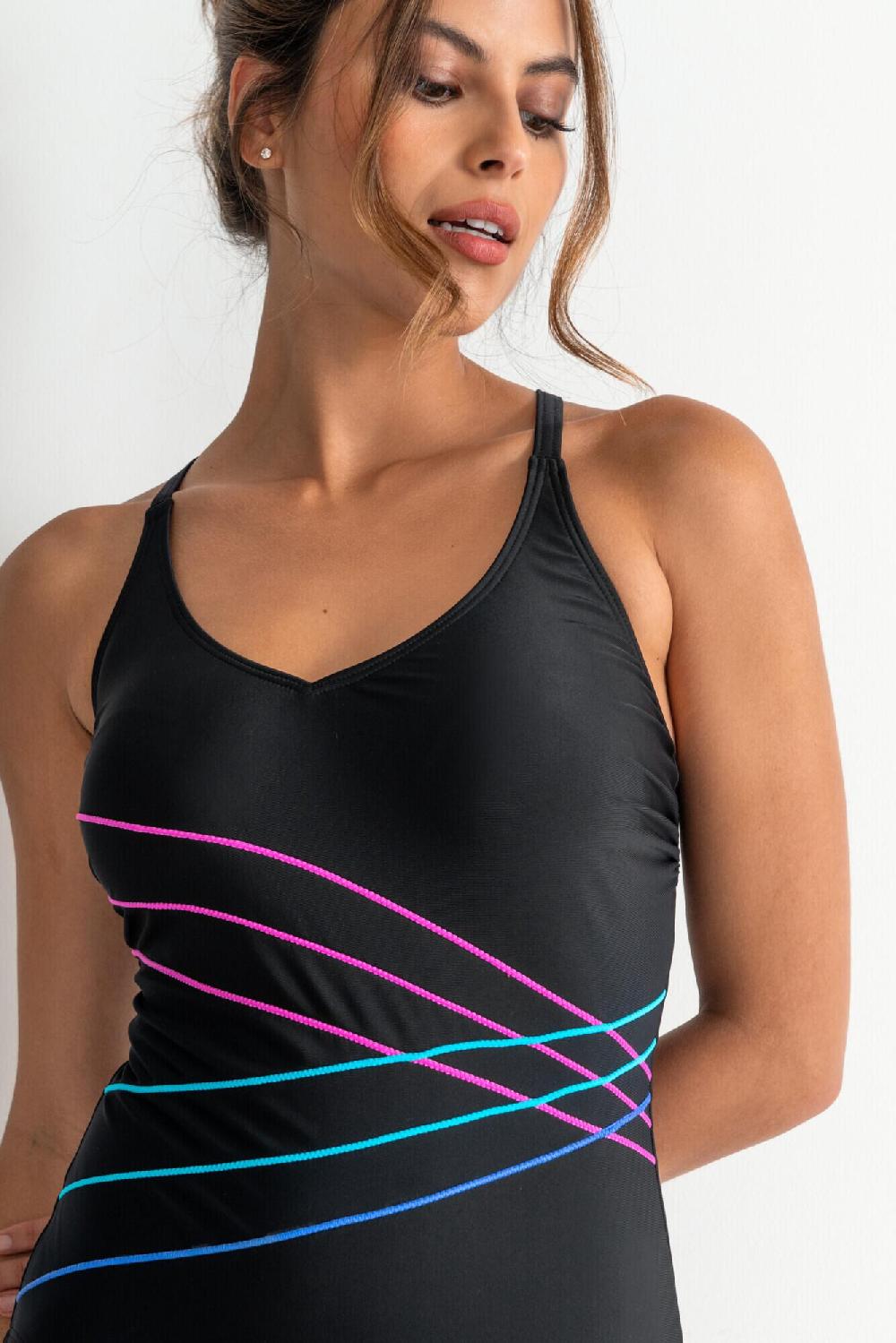 Pour Moi Energy Chlorine Resistant Recycled V Neck Linear S - Black Mix