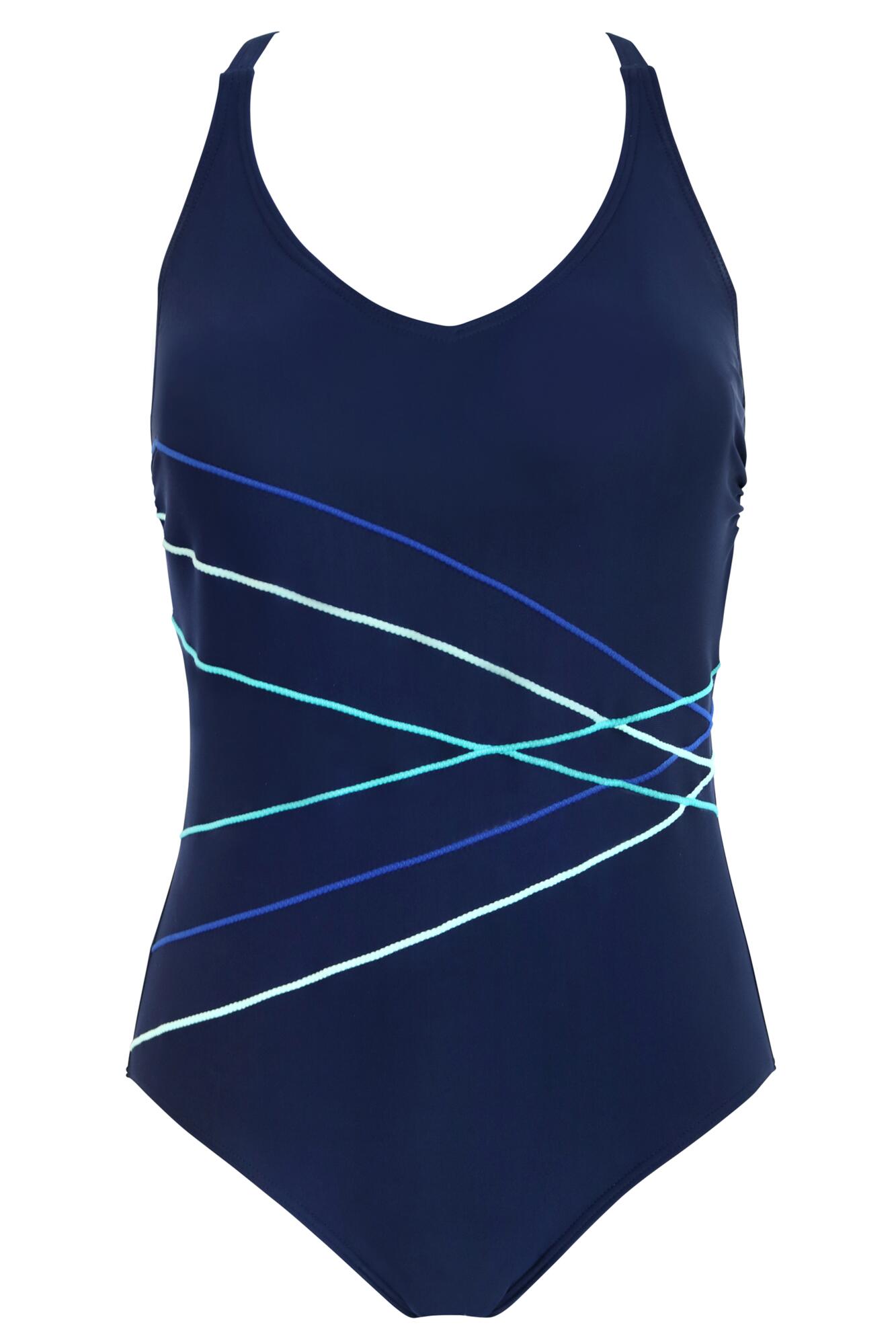 Pour Moi Energy Chlorine Resistant Recycled V Neck Linear S - Navy/Aqua