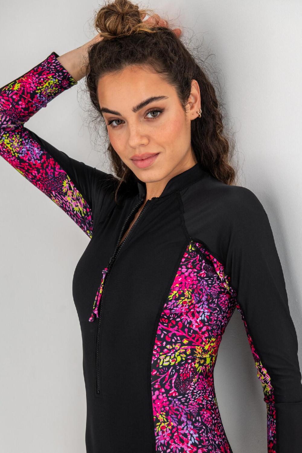 Pour Moi Energy Long Sleeved Zip Front Paddle Swimsuit - Black/Confetti