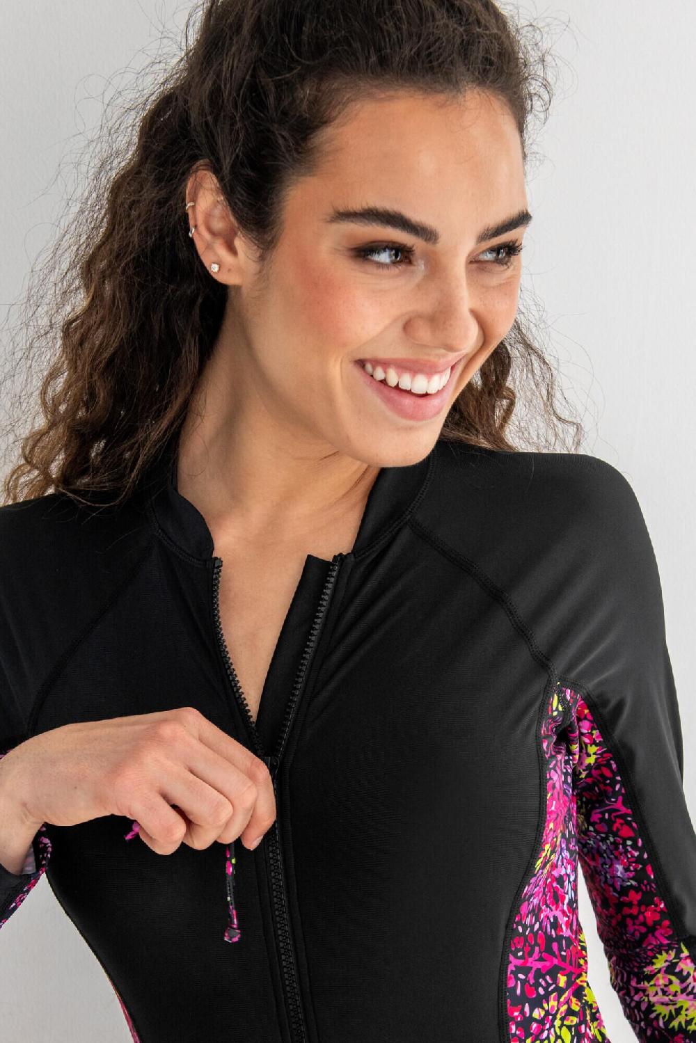 Pour Moi Energy Long Sleeved Zip Front Paddle Swimsuit - Black/Confetti