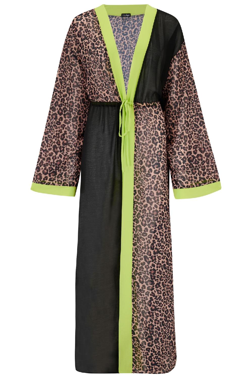 Pour Moi Flare Sleeve Chiffon Maxi Beach Kimono - Leopard/Lime