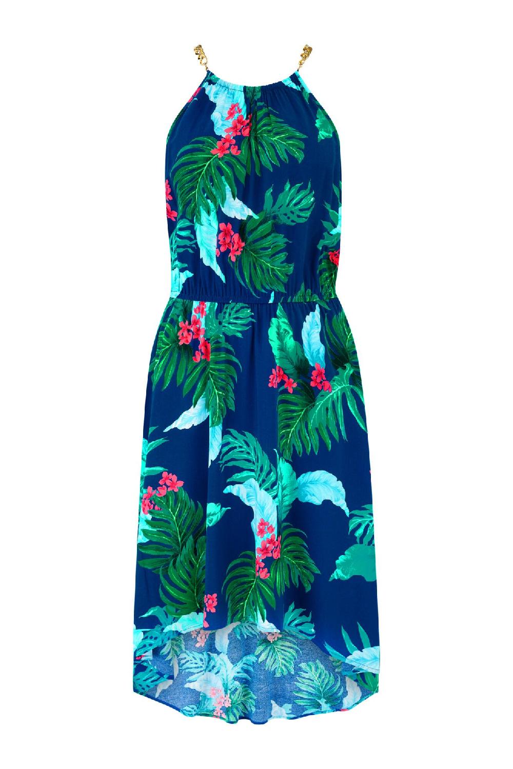 Pour Moi Gold Chain High Neck Beach Dress - Navy Tropical