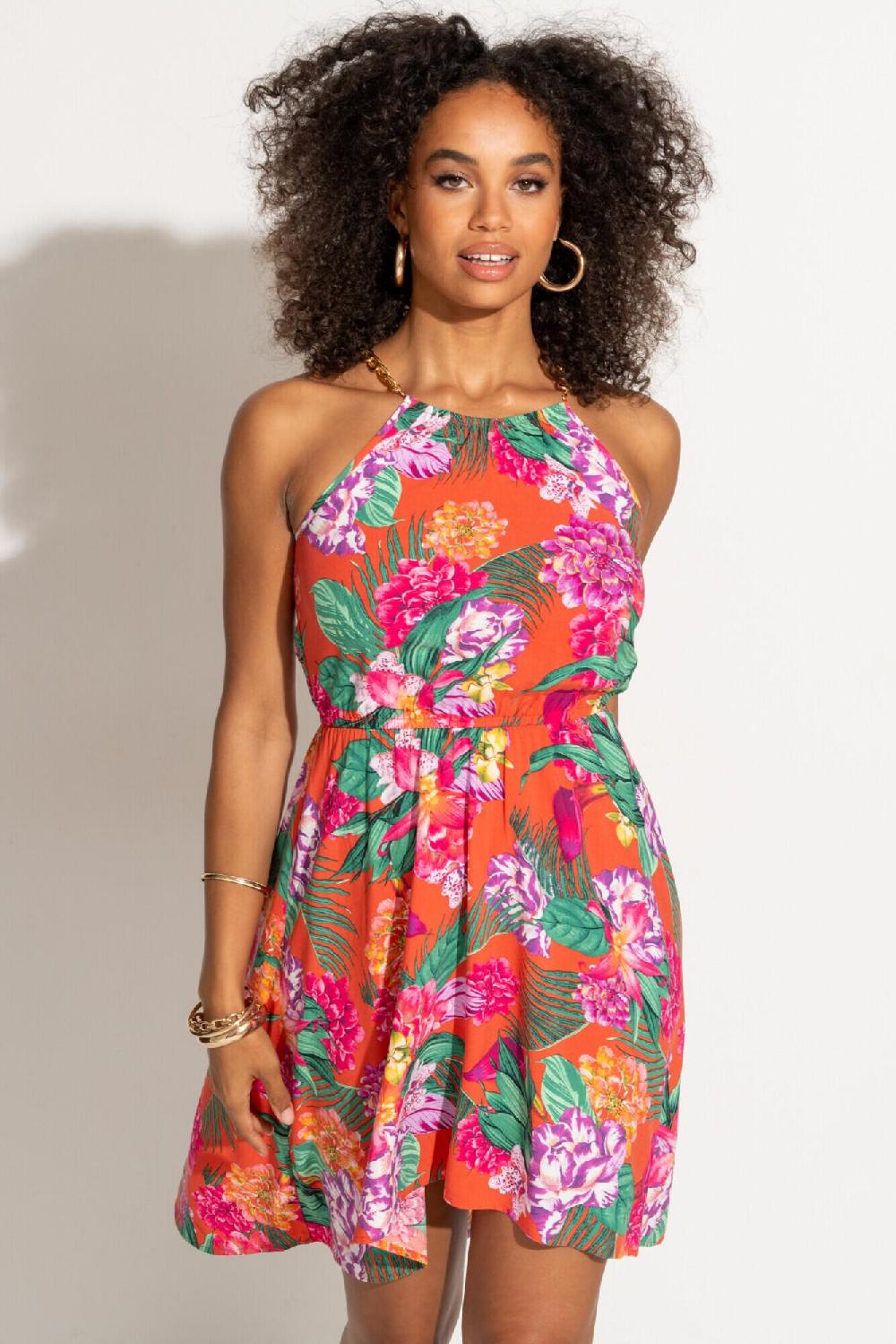 Pour Moi Gold Chain High Neck Beach Dress - Orange Tropic