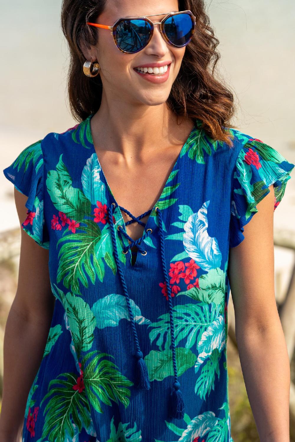 Pour Moi Gracie Crinkle Frill Swing Beach Dress - Navy Tropical