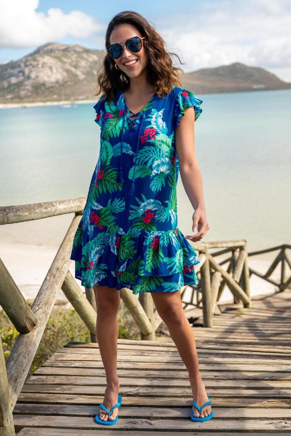 Pour Moi Gracie Crinkle Frill Swing Beach Dress - Navy Tropical