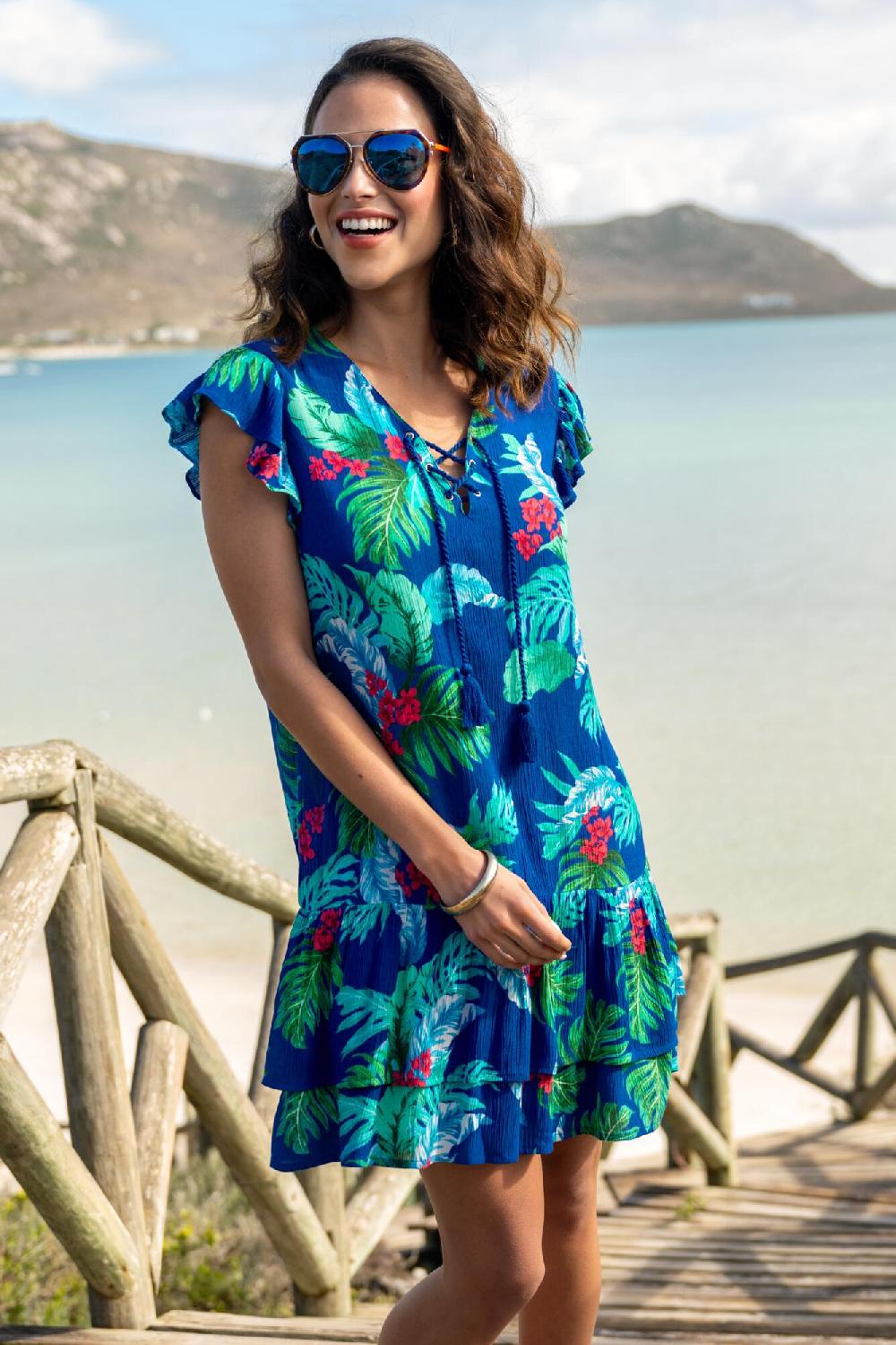 Pour Moi Gracie Crinkle Frill Swing Beach Dress - Navy Tropical