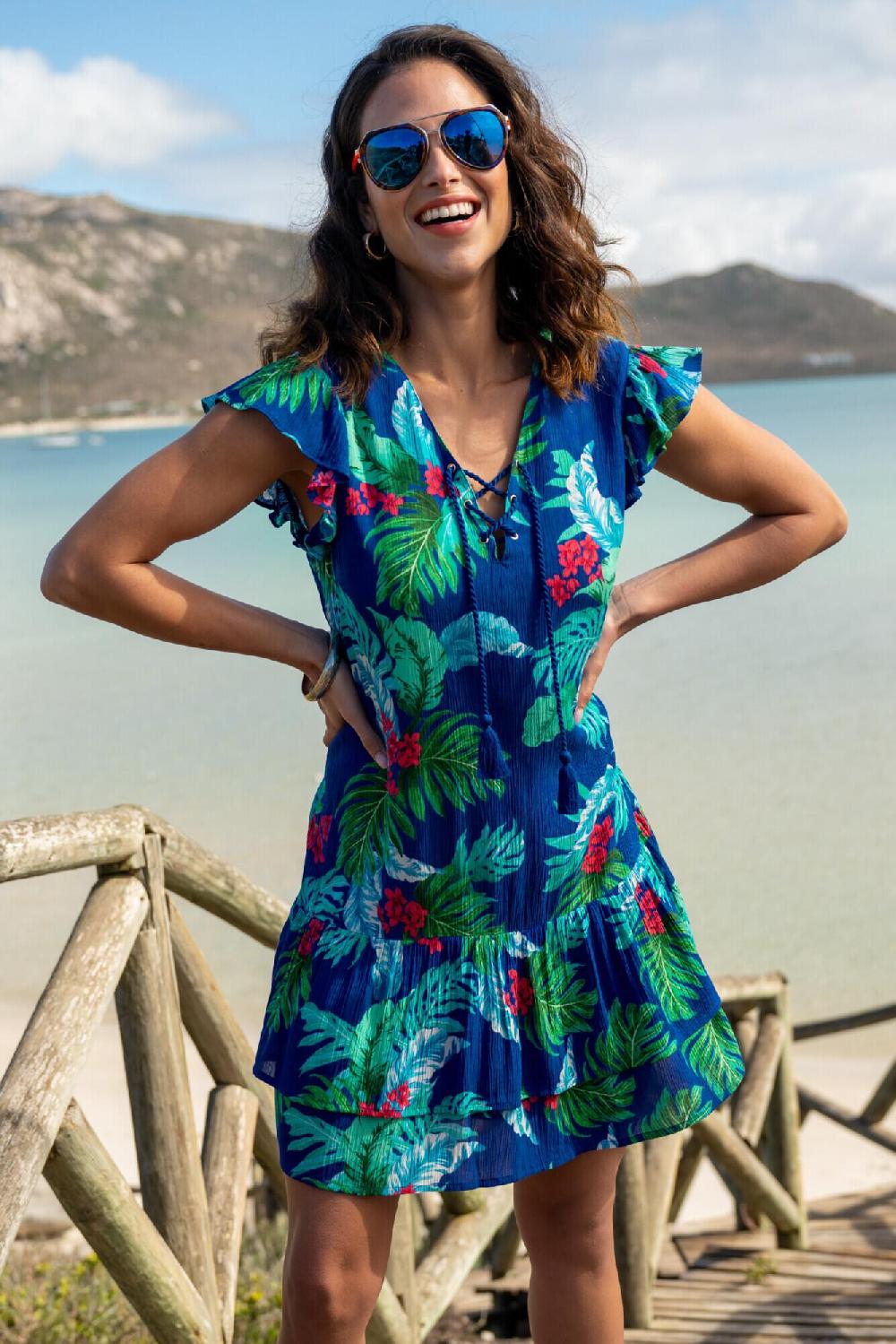 pour moi Gracie Crinkle Frill Swing Beach Dress - Navy Tropical