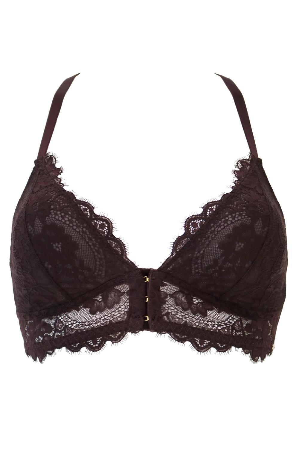 Pour Moi India Eyelash Lace Front Fastening Non Wired Bralette - Chocolate