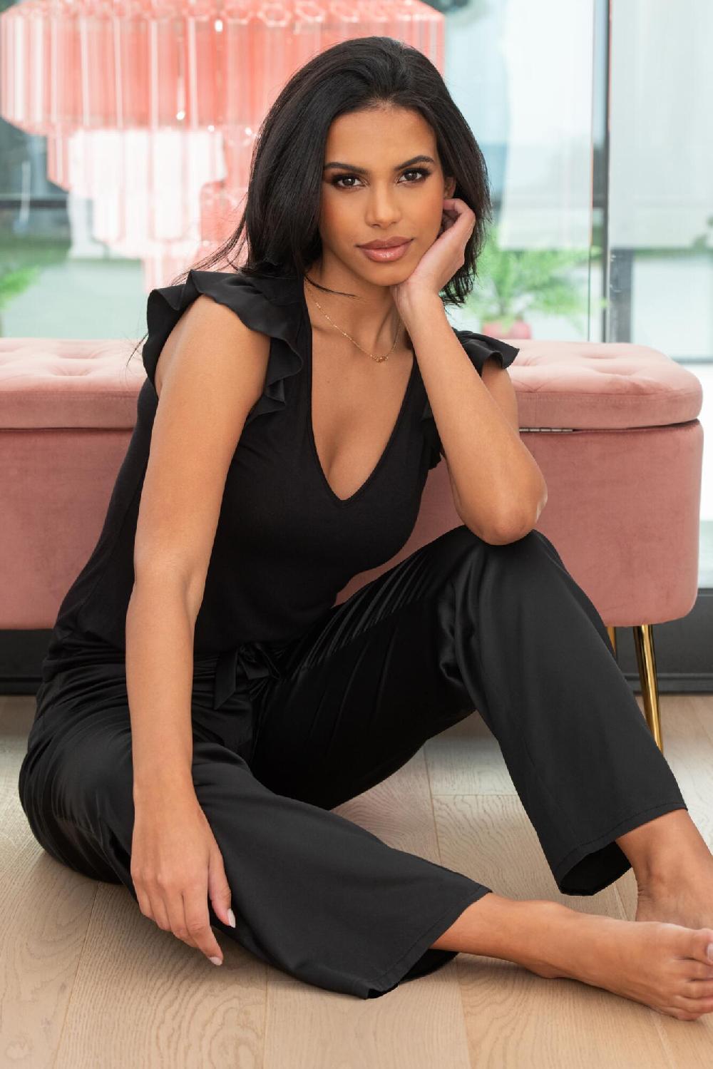 Pour Moi Jersey And Satin Mix Frill Pyjama Set - Black