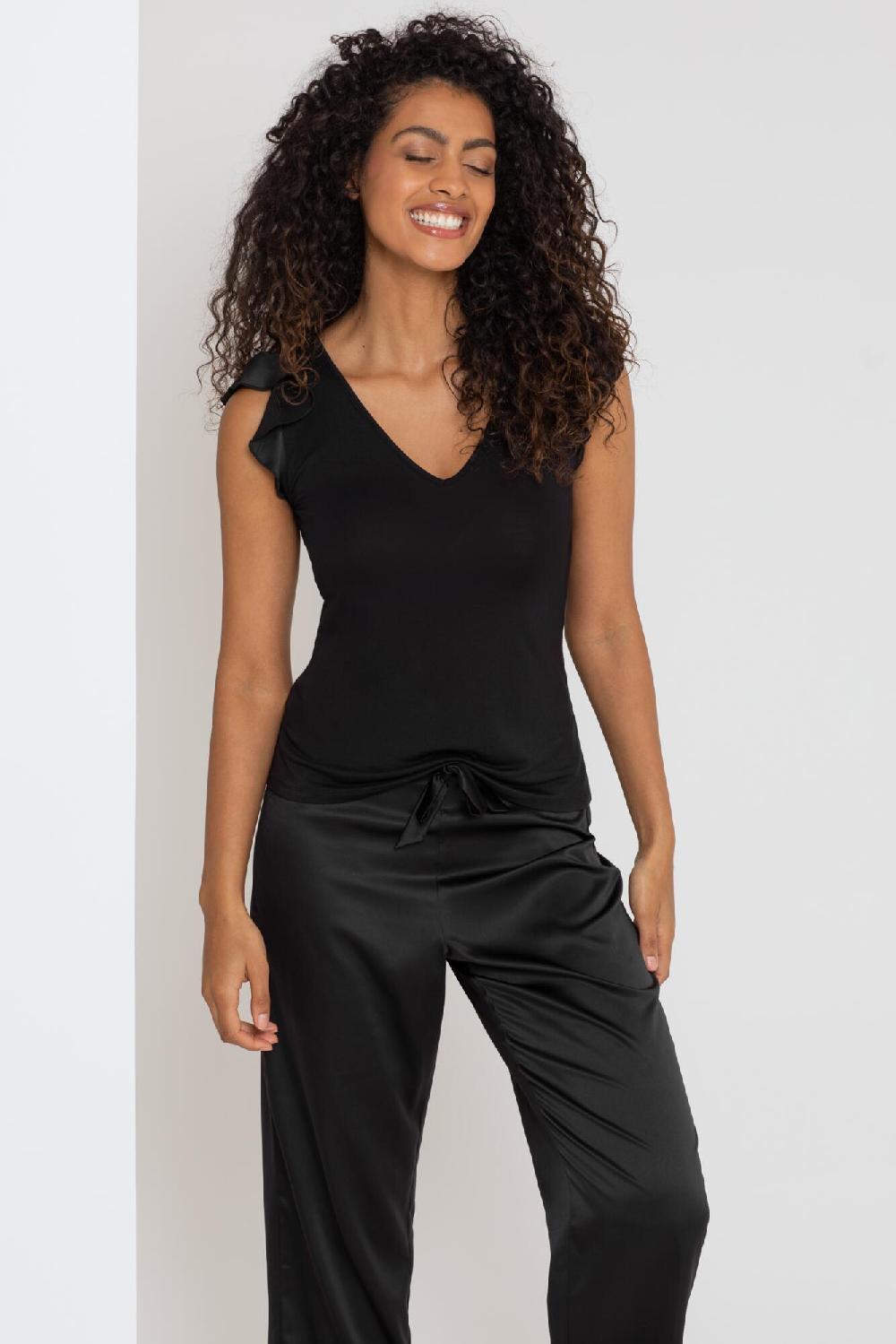 Pour Moi Jersey And Satin Mix Frill Pyjama Set - Black