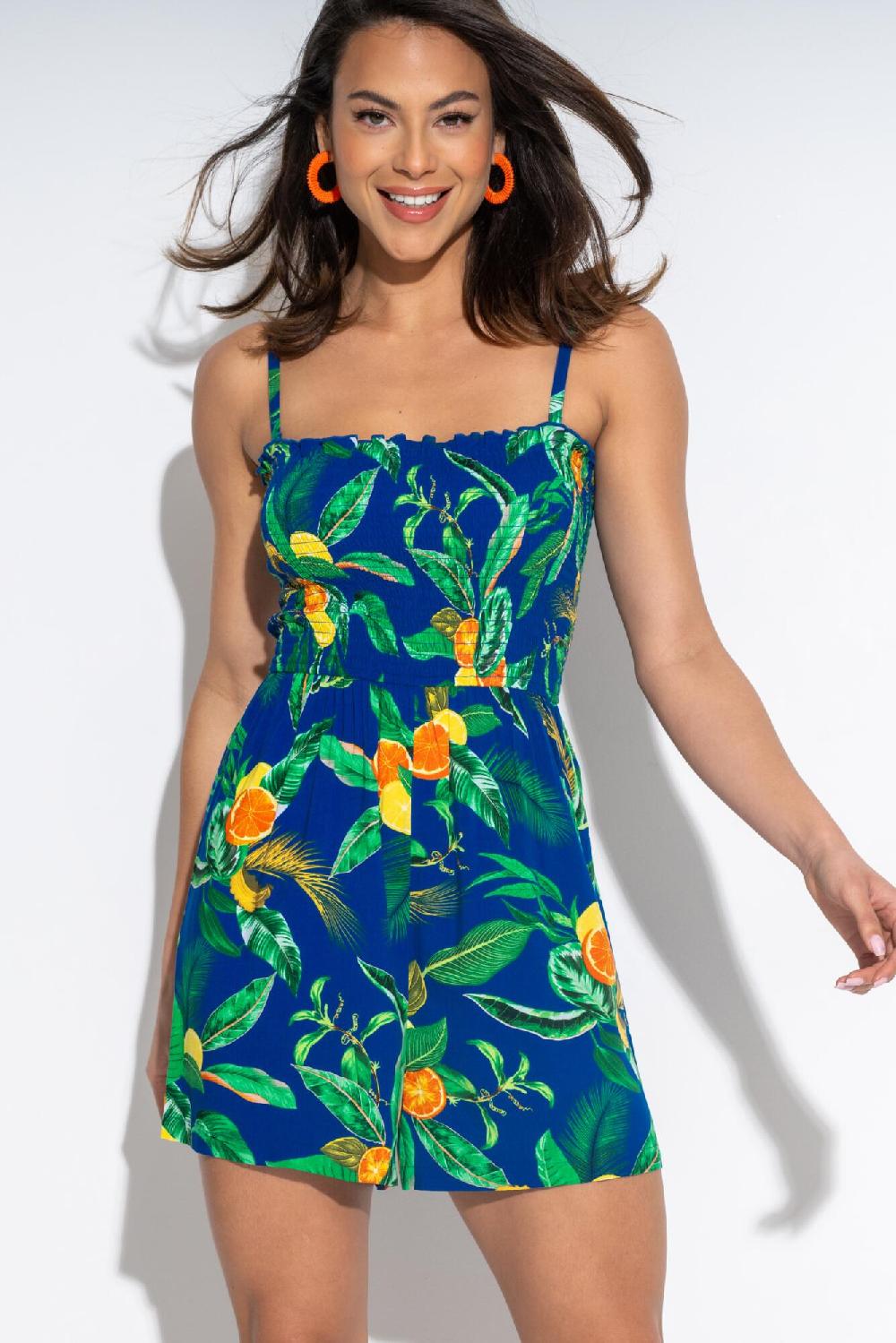 Pour Moi Lottie Strapless Shirred Bodice Beach Playsuit - Blue Tropical