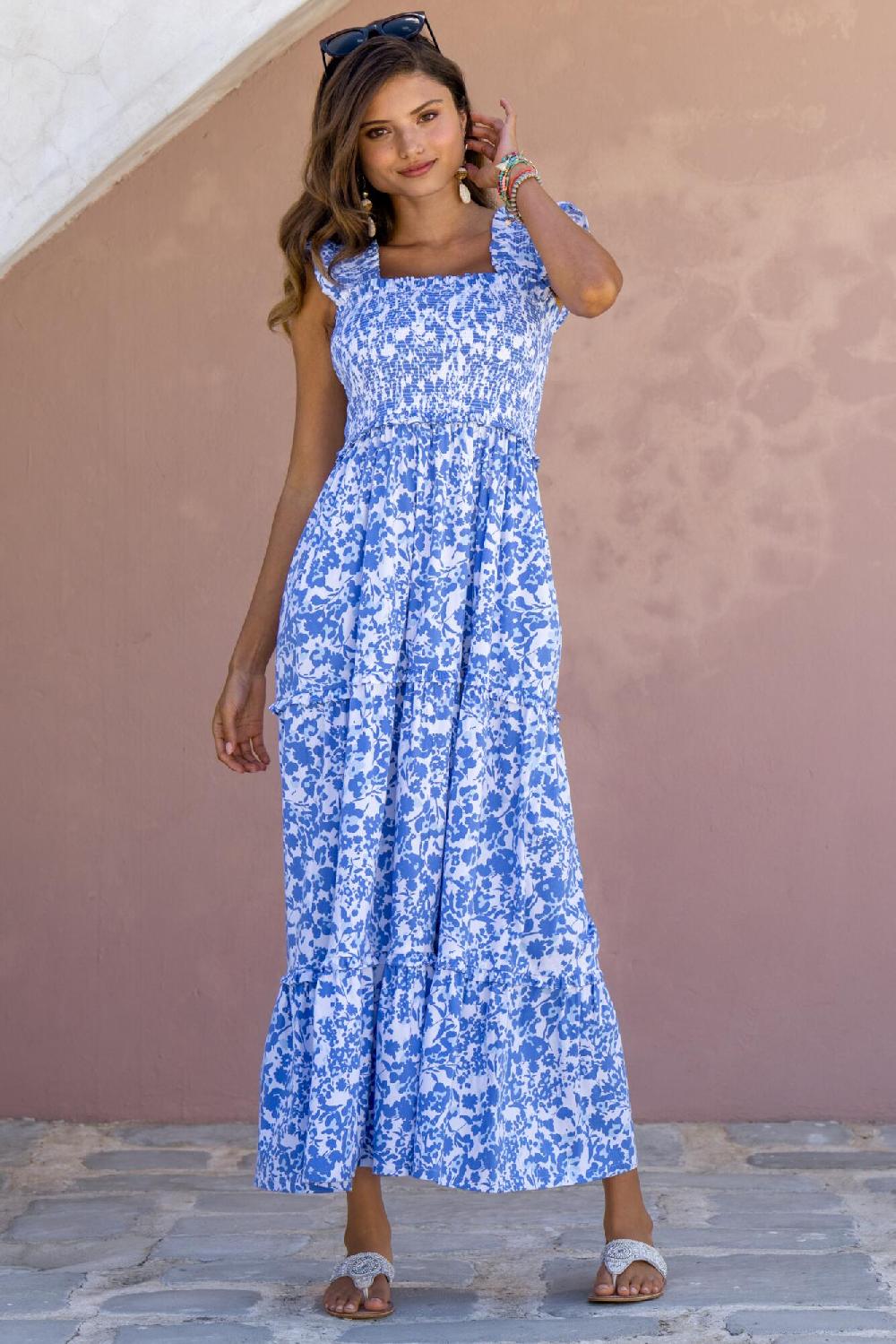 Pour Moi Lucy Cotton Poplin Tiered Midaxi Dress - White/Blue