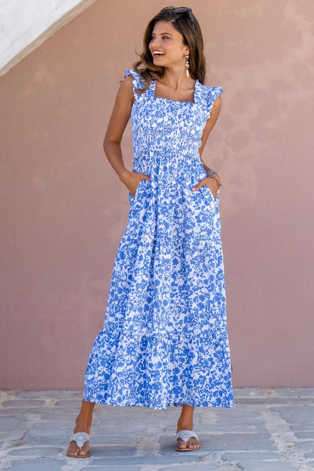 pour moi Lucy Cotton Poplin Tiered Midaxi Dress - White/Blue