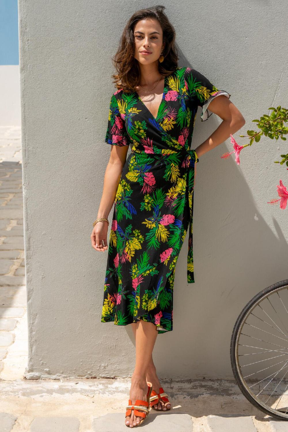 Pour Moi Megan Stretch Jersey Wrap Midi Dress - Black Tropical