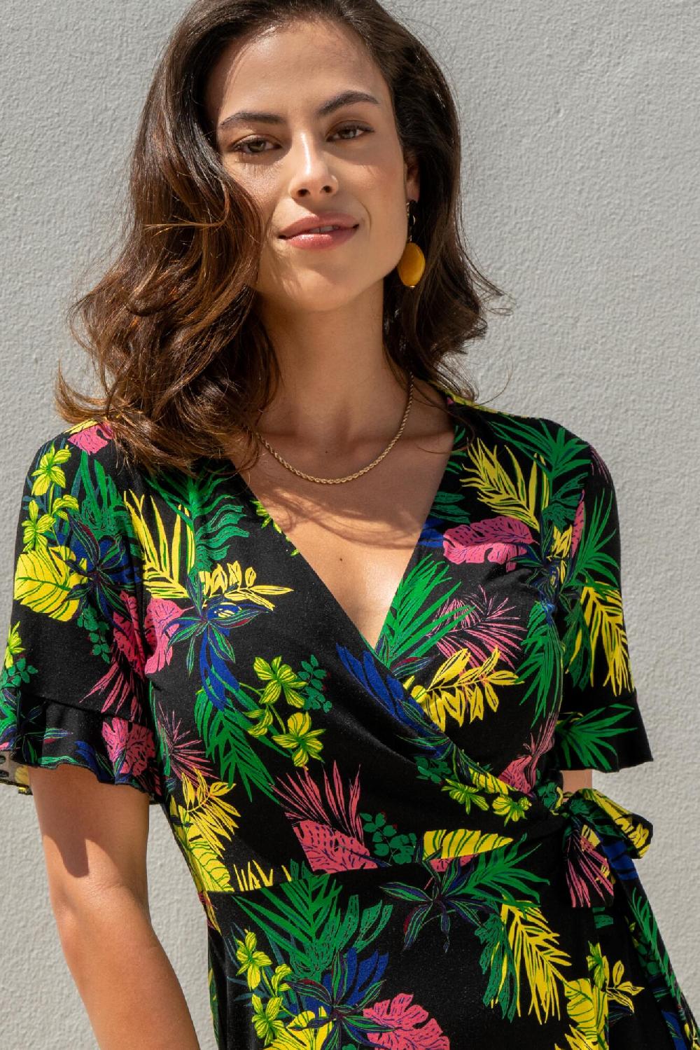 Pour Moi Megan Stretch Jersey Wrap Midi Dress - Black Tropical