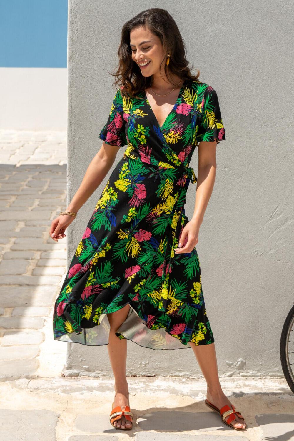 pour moi Megan Stretch Jersey Wrap Midi Dress - Black Tropical