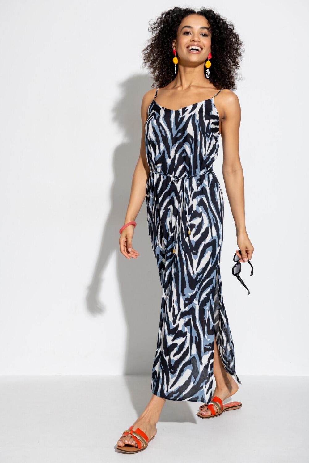Pour Moi Melanie Sheer Viscose Tie Belt Maxi Beach Dress - Blue Print