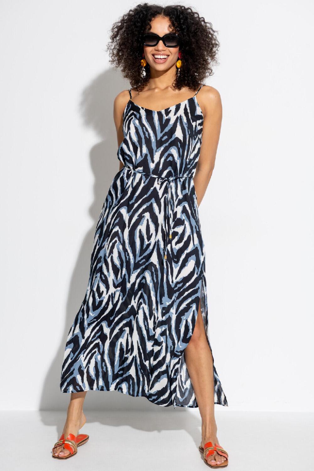 pour moi Melanie Sheer Viscose Tie Belt Maxi Beach Dress - Blue Print