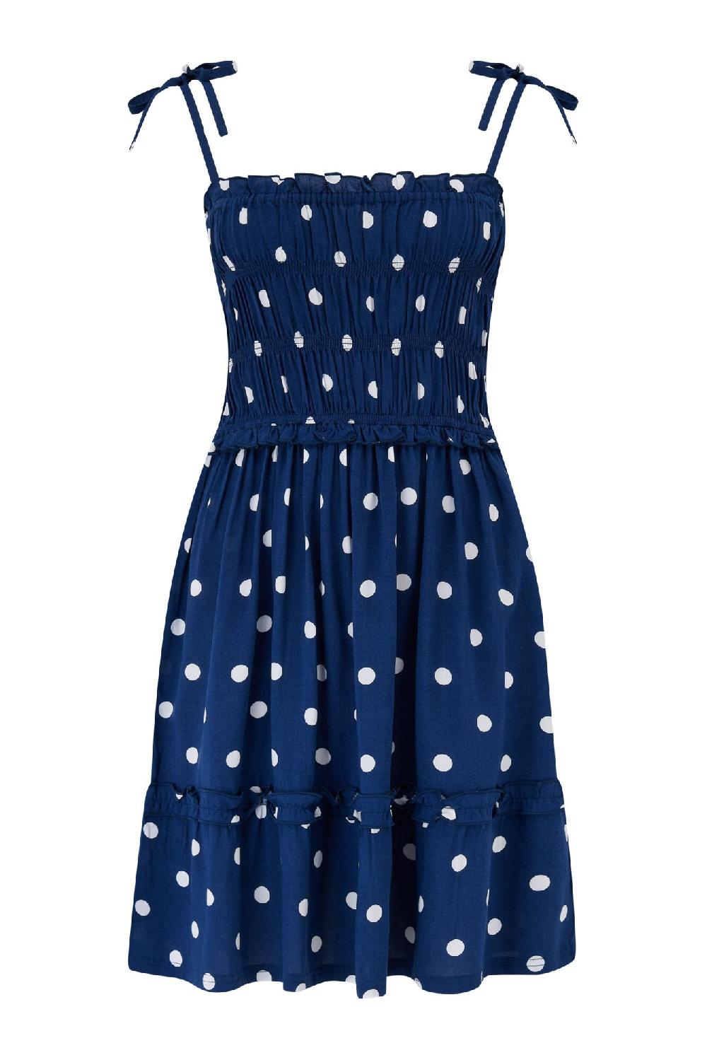 Pour Moi Mia Strapless Shirred Bodice Frill Beach Dress - Navy/White