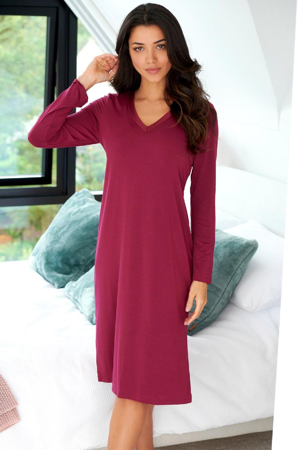 Pour Moi Modal Jersey Long Sleeve V Neck Hidden Support Nightdress - Berry