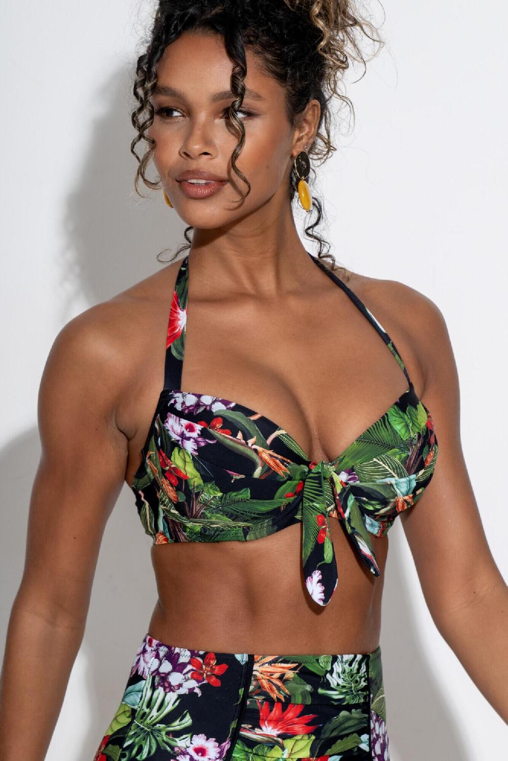 Pour Moi Palermo Underwired Padded Halter Bikini Top - Black Tropical