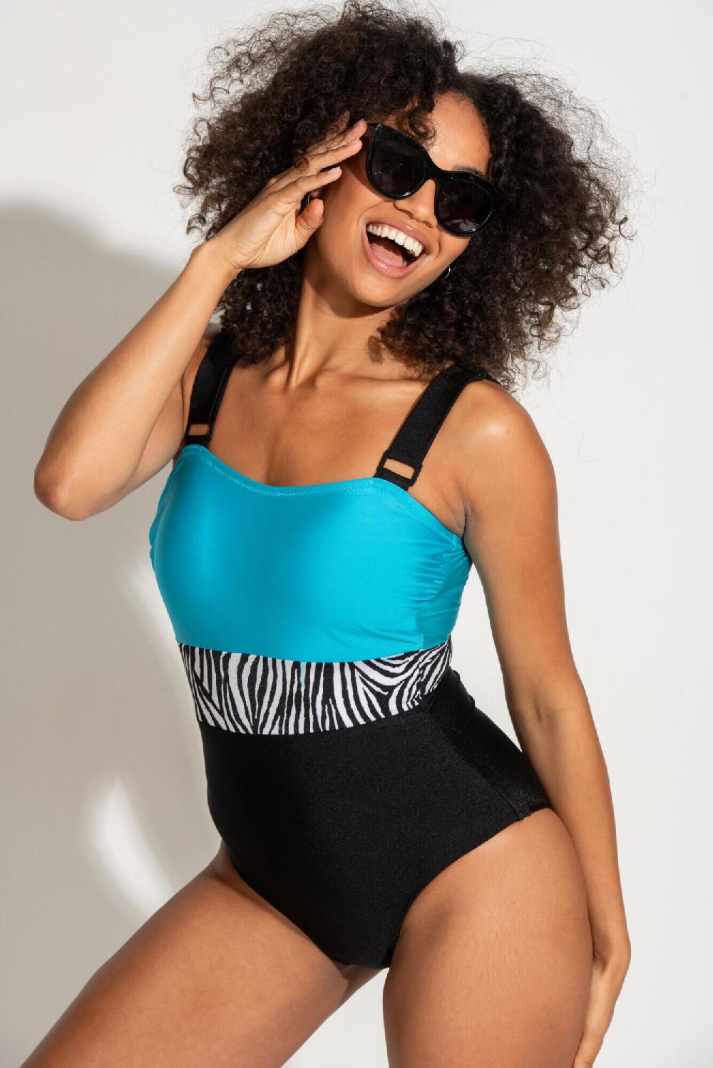 Pour Moi Palm Springs Colour Block Tummy Control Swimsuit - Black/Zebra