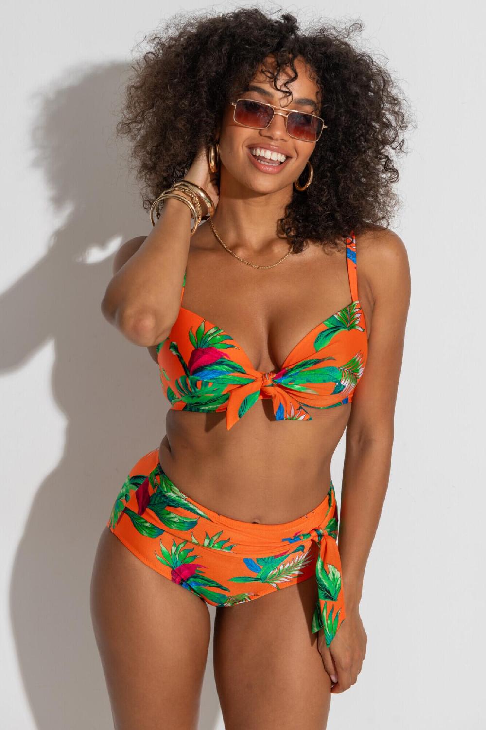 Pour Moi Paradiso Lightly Padded Underwired Front Tie Top - Orange Tropical